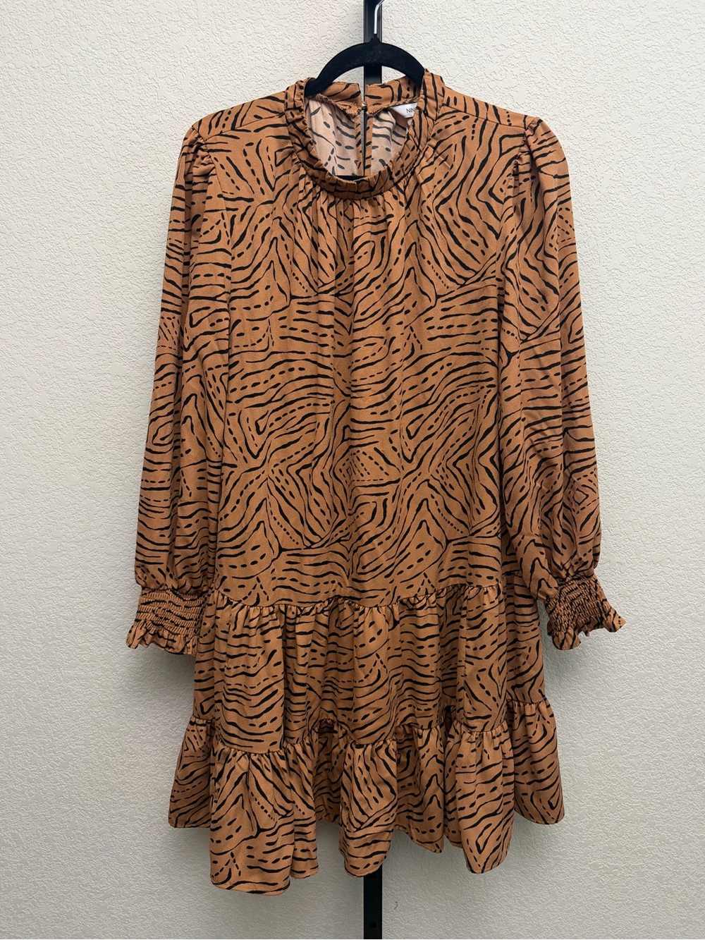 Nine West Women’s Brown and Black Animal-Print Ruffle Long-Sleeve Dress